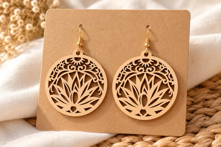 Round Lotus Floral Wooden Earrings Laser Cut SVG, Circular