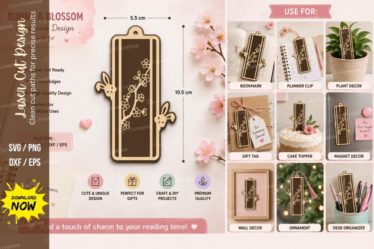 bunny blossom bookmark, rabbit blossom svg, floral bunny boo
