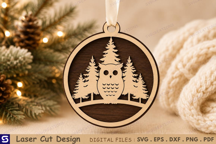 3D Winter Owl Forest Pine Trees Ornament Laser Cut File