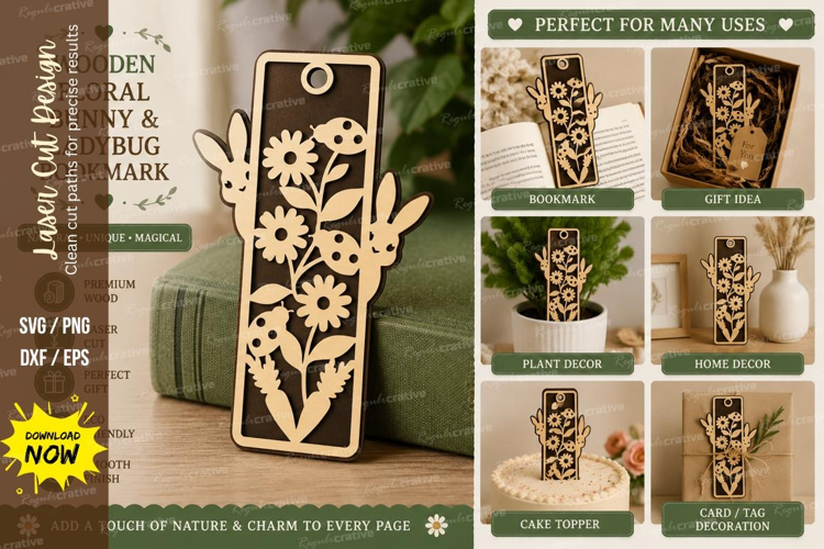 floral bunny bookmark, ladybug bunny svg, rabbit flower book