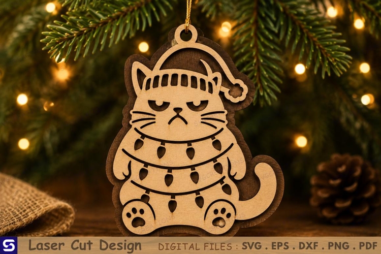 3D Funny Christmas Grumpy Cat Lights Ornament Laser Cut File