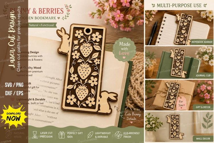 bunny berries bookmark, strawberry bunny svg, rabbit berry