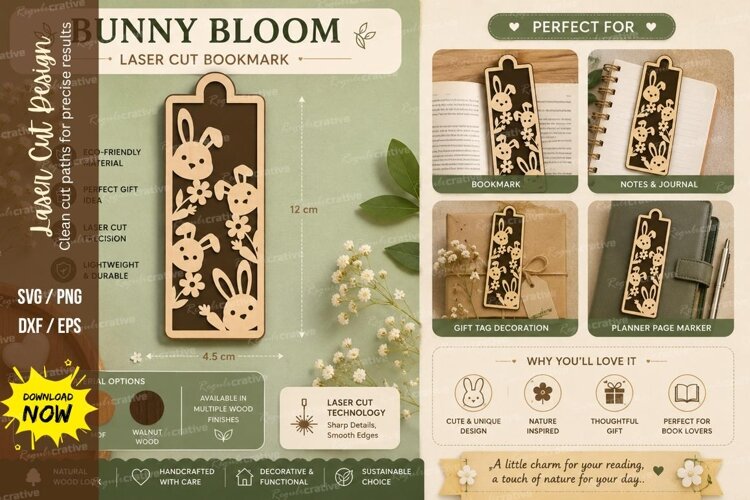 bunny bloom bookmark, rabbit flower bookmark, spring bunny example image 1