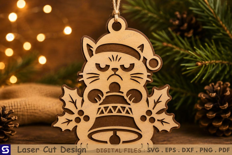 3D Christmas Grumpy Cat Bell Holly Ornament Laser Cut File