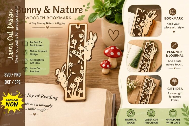 bunny nature bookmark, rabbit woodland svg, bunny flower boo example image 1
