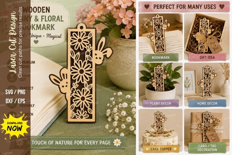 floral bunny bookmark, sunflower rabbit svg, bunny flower bo example image 1