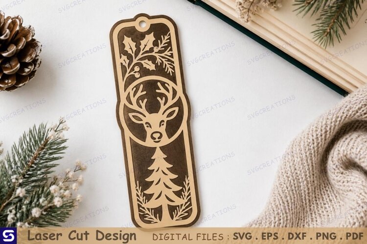 3D Christmas Reindeer Holly Bookmark Laser Cut File example image 1