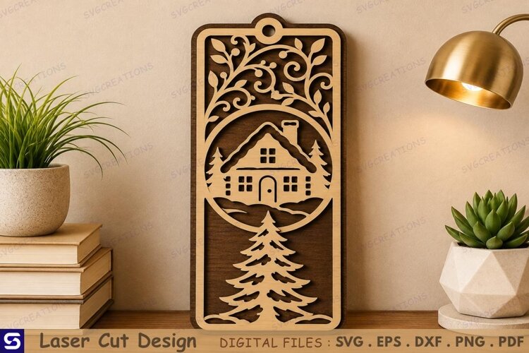 3D Winter Cabin House Christmas Tree Bookmark Laser Cut File example image 1