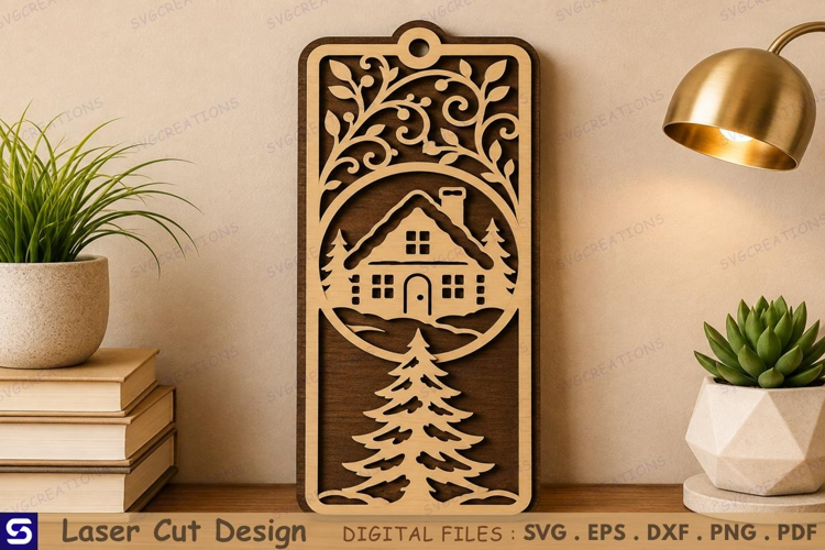 3D Winter Cabin House Christmas Tree Bookmark Laser Cut File