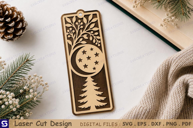 3D Winter Moon Stars Christmas Tree Bookmark Laser Cut File