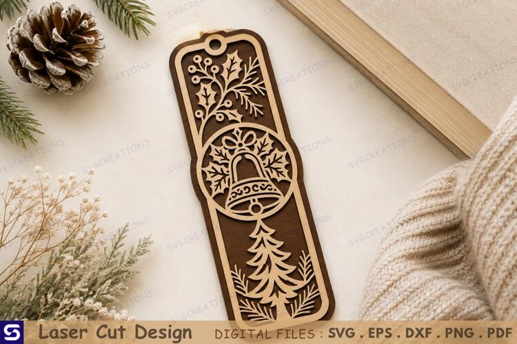 3D Christmas Bell Holly Tree Bookmark Laser Cut File example image 1