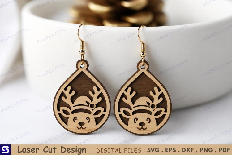 3D Christmas Reindeer Teardrop Earrings Laser Cut File