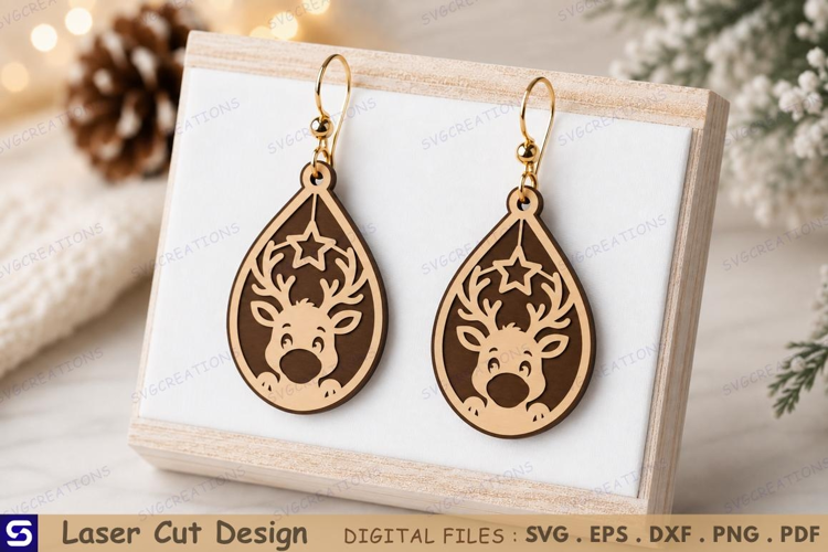 3D Christmas Reindeer Star Earrings Laser Cut File