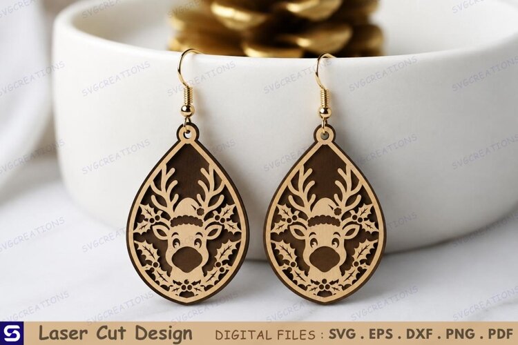 3D Christmas Reindeer Holly Earrings Laser Cut File example image 1