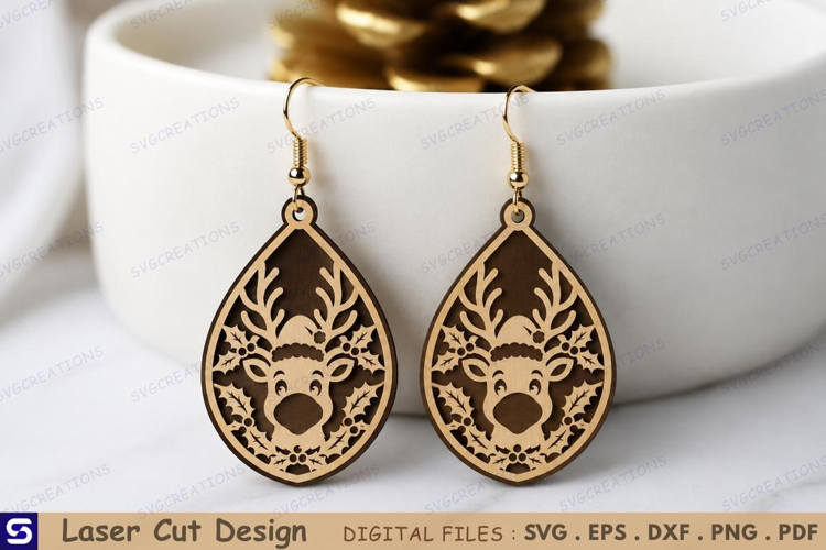 3D Christmas Reindeer Holly Earrings Laser Cut File