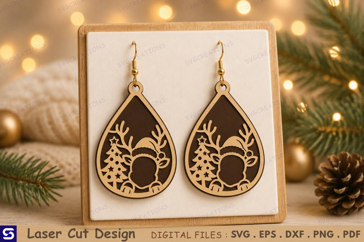 3D Christmas Reindeer Tree Earrings Laser Cut File - Wooden