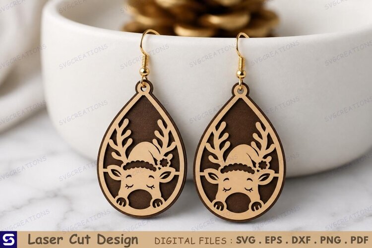 3D Christmas Sleeping Reindeer Earrings Laser Cut File example image 1