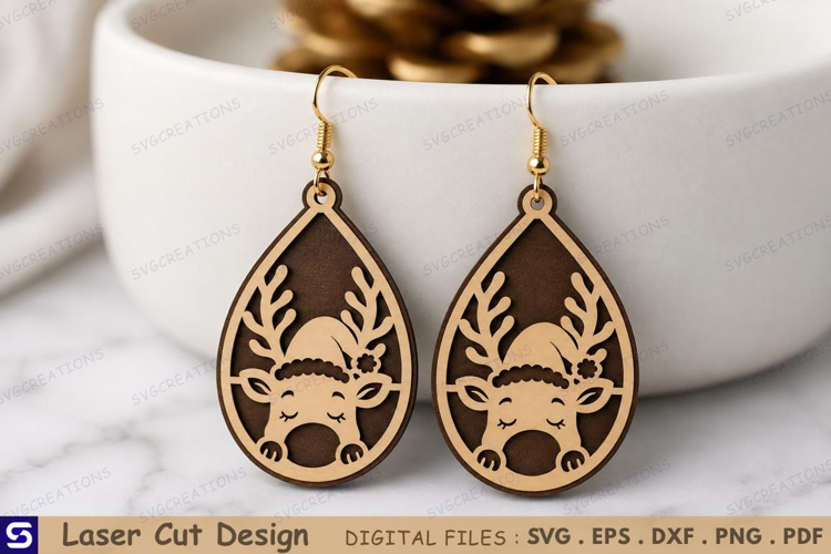 3D Christmas Sleeping Reindeer Earrings Laser Cut File