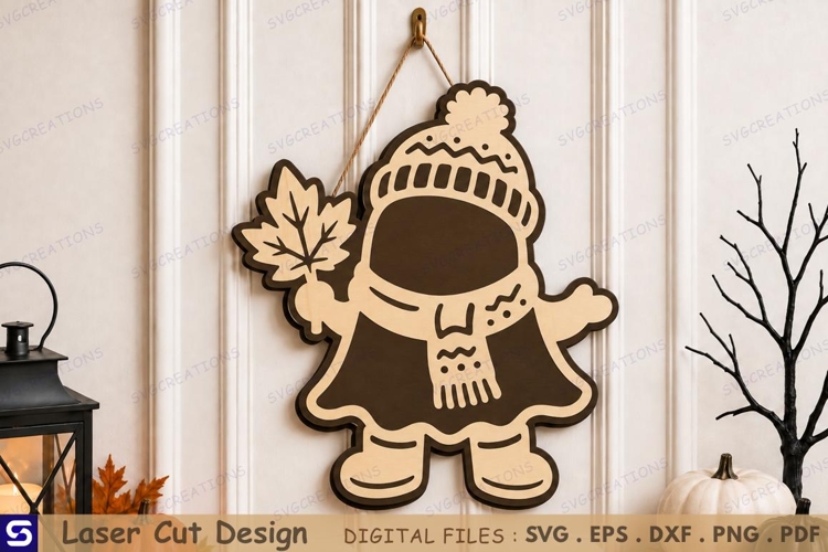 3D Autumn Maple Leaf Beanie Girl Door Hanger Laser Cut File
