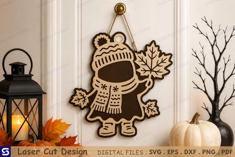 3D Autumn Maple Leaves Beanie Girl Door Hanger Laser Cut