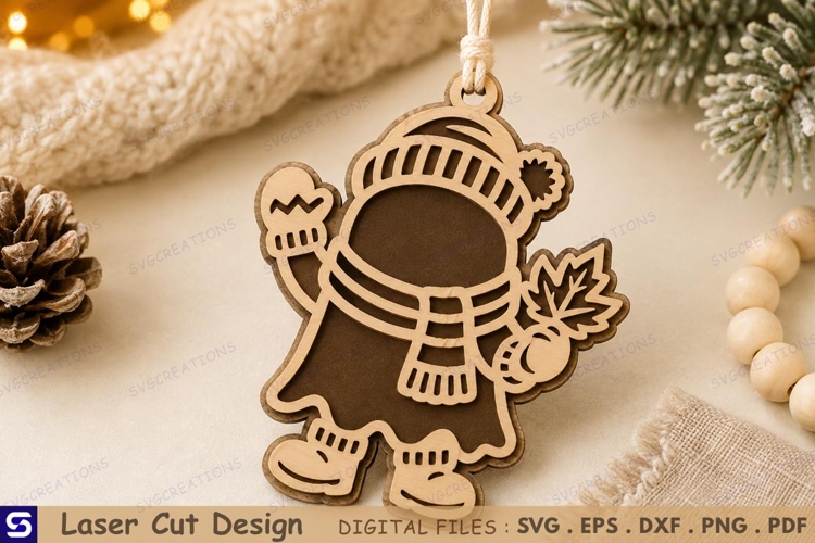 3D Fall Beanie Girl Maple Leaf & Pumpkin Ornament Laser Cut