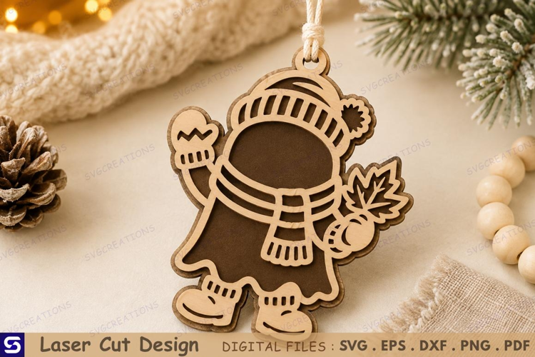3D Fall Beanie Girl Maple Leaf & Pumpkin Ornament Laser Cut