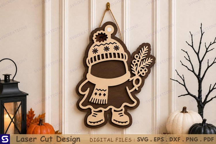 3D Winter Pine Branch Beanie Girl Door Hanger Laser Cut File