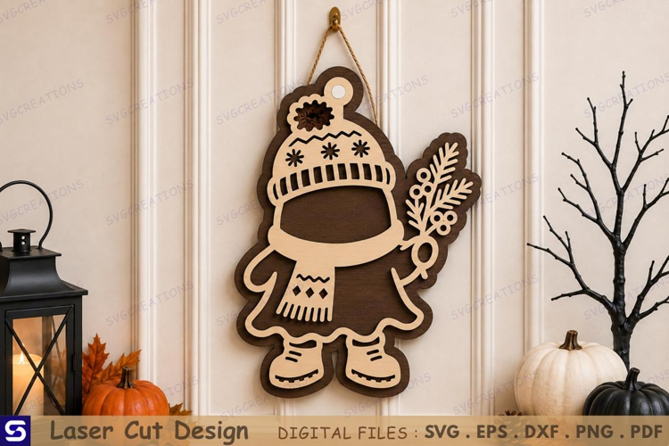 3D Winter Pine Branch Beanie Girl Door Hanger Laser Cut File