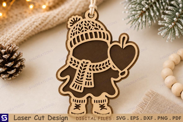 3D Winter Beanie Girl Heart Ornament Laser Cut File