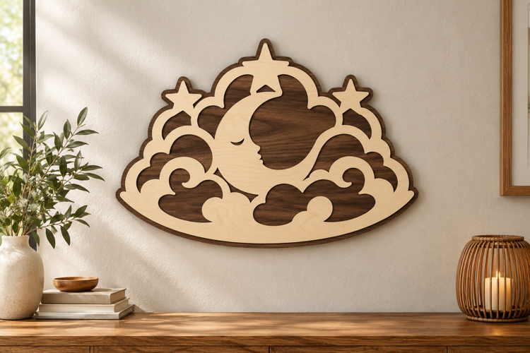 Moon Clouds Laser Cut SVG File, moon clouds svg, crescent