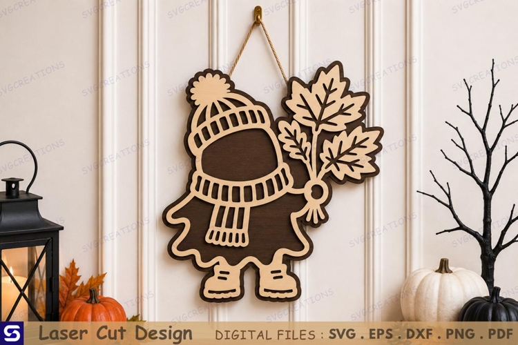 3D Autumn Maple Leaves Beanie Girl Door Hanger Laser Cut