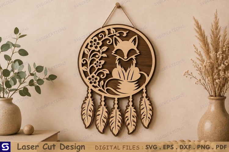 3D Floral Fox Dreamcatcher Wall Hanging Laser Cut File