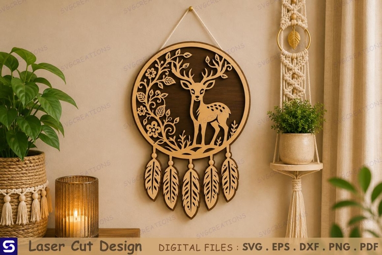 3D Floral Deer Dreamcatcher Wall Hanging Laser Cut File