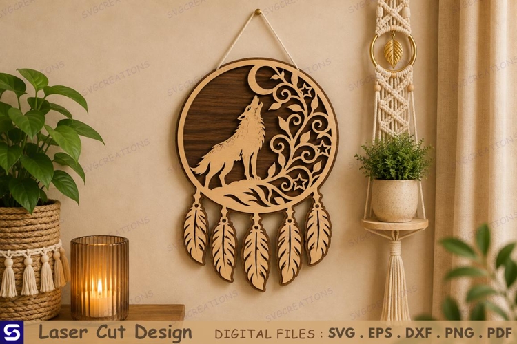 3D Howling Wolf Moon Dreamcatcher Wall Hanging Laser Cut