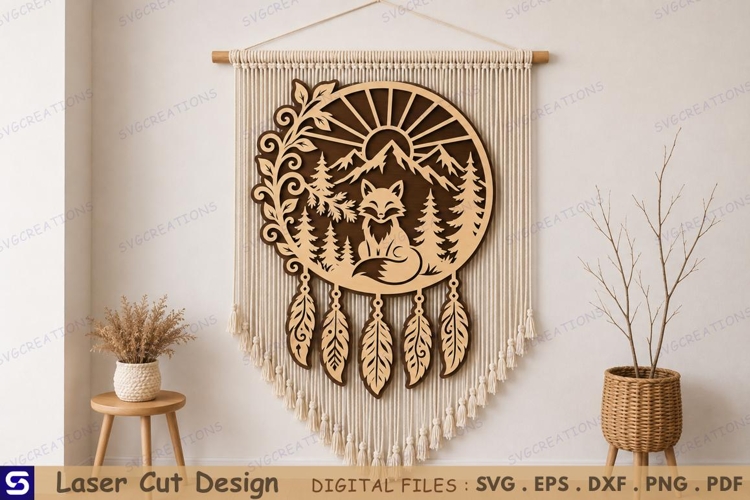 3D Fox Mountain Sunrise Dreamcatcher Wall Hanging Laser Cut
