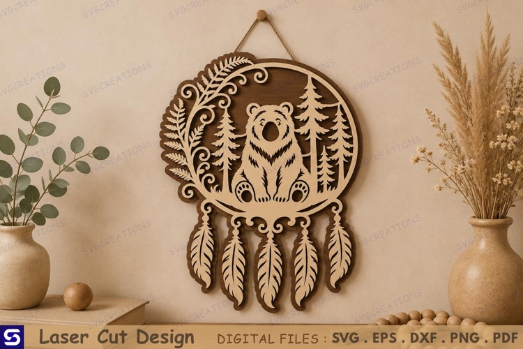 3D Bear Forest Dreamcatcher Wall Hanging Laser Cut File