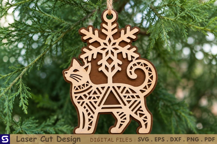 3D Cat Snowflake Christmas Ornament Laser Cut File