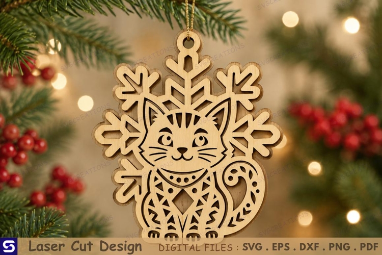 3D Cute Cat Snowflake Christmas Ornament Laser Cut File