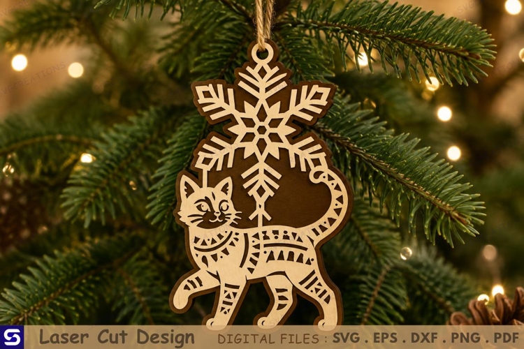 3D Walking Cat Snowflake Christmas Ornament Laser Cut File