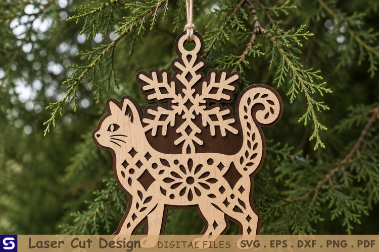 3D Patterned Cat Snowflake Christmas Ornament Laser Cut File