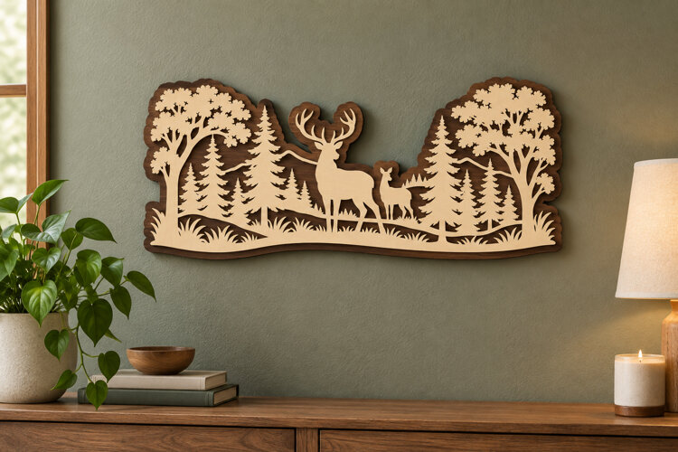 Deer Forest Scene Laser Cut SVG File, deer forest scene,wood example image 1