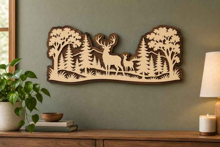Deer Forest Scene Laser Cut SVG File, deer forest scene,wood