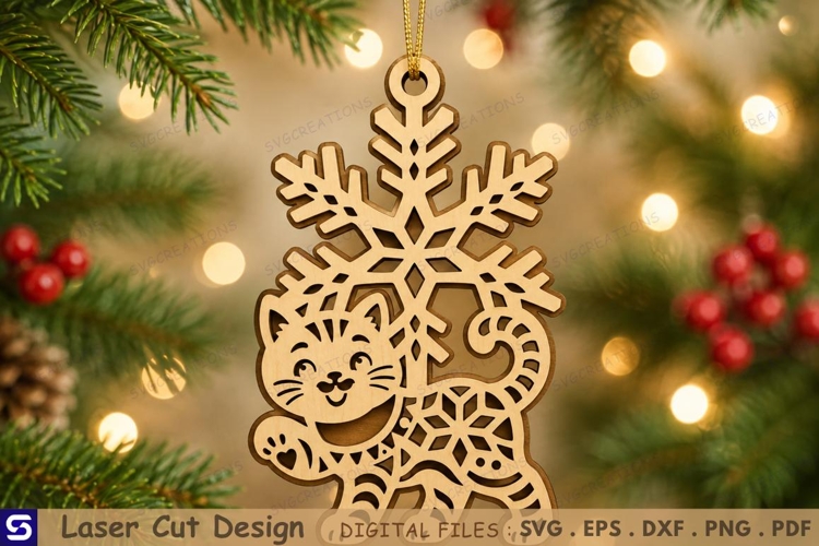 3D Playful Cat Snowflake Christmas Ornament Laser Cut File