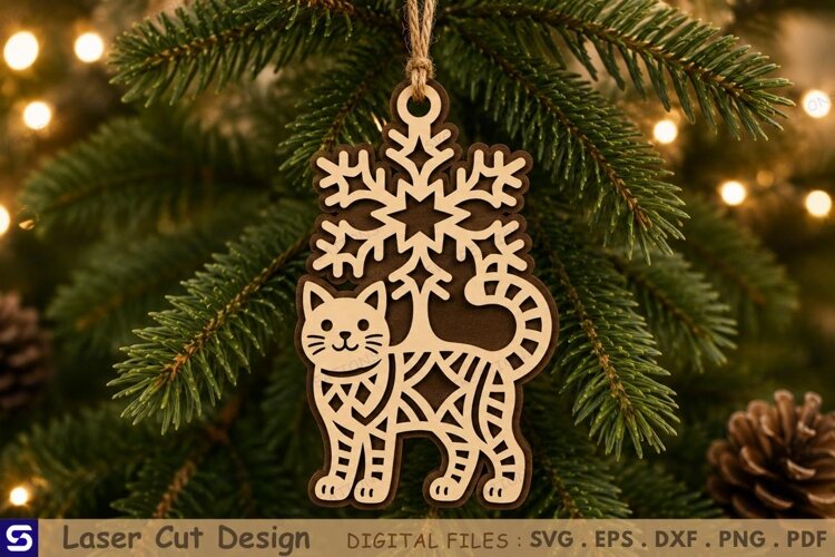 3D Standing Kitty Snowflake Christmas Ornament Laser Cut example image 1