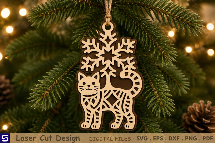 3D Standing Kitty Snowflake Christmas Ornament Laser Cut
