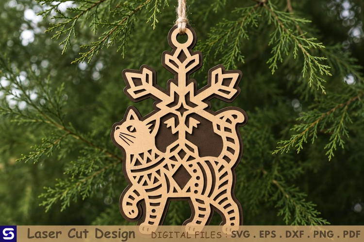 3D Paw-Up Cat Snowflake Christmas Ornament Laser Cut File