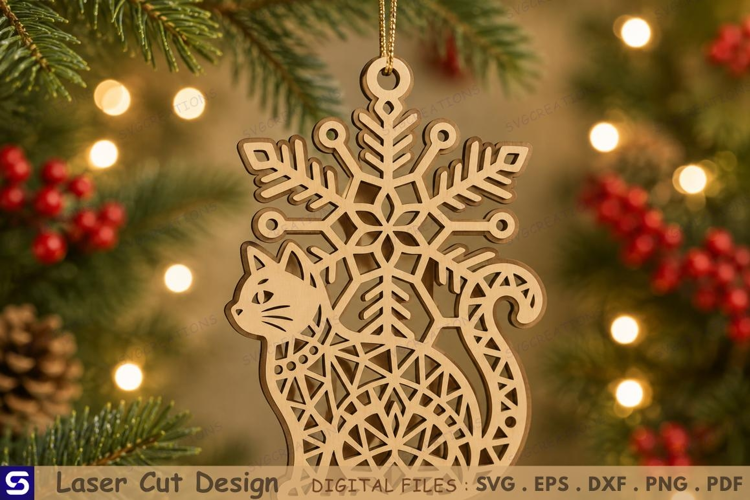 3D Sitting Cat Snowflake Christmas Ornament Laser Cut File