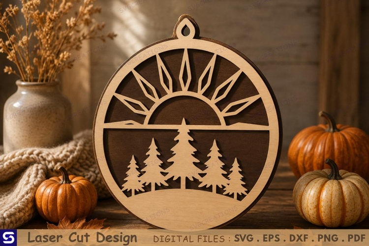 3D Pine Trees & Rising Sun Wooden Ornament Laser Cut File