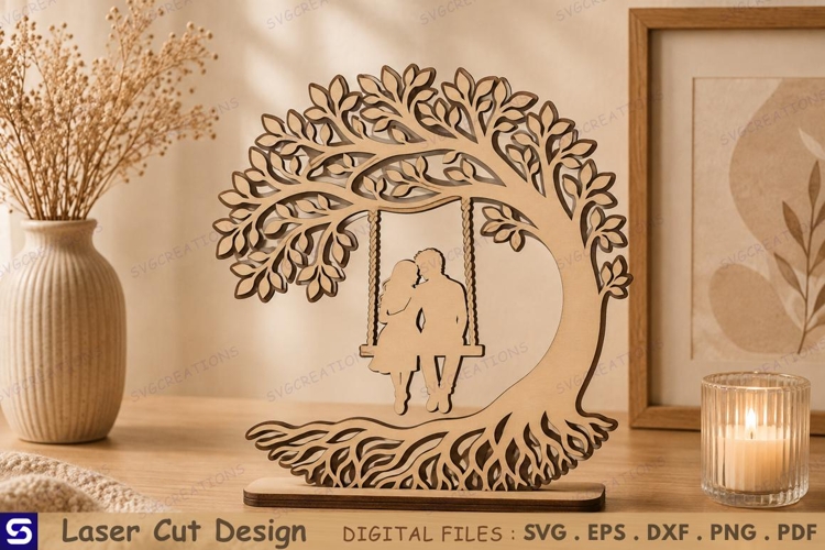 3D Couple Tree Swing Tabletop Decor Laser Cut File