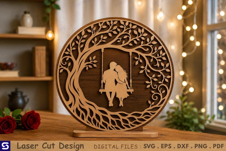 3D Circular Couple Tree Swing Tabletop Decor Laser Cut File